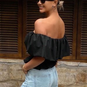 Livesso Blouse courte élégante sans bretelles et épaules dénudées, couleur unie, automne