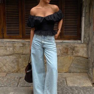 Livesso Blouse courte élégante sans bretelles et épaules dénudées, couleur unie, automne