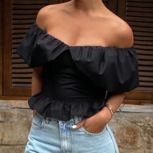 Livesso Blouse courte élégante sans bretelles et épaules dénudées, couleur unie, automne