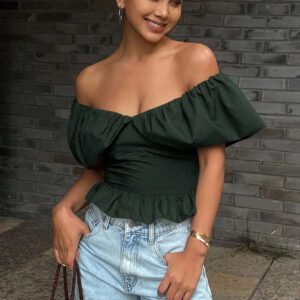 Livesso Blouse courte élégante sans bretelles et épaules dénudées, couleur unie, automne