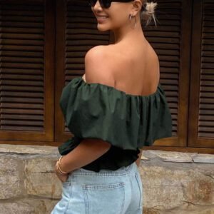 Livesso Blouse courte élégante sans bretelles et épaules dénudées, couleur unie, automne