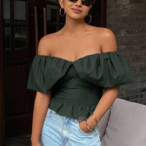 Livesso Blouse courte élégante sans bretelles et épaules dénudées, couleur unie, automne