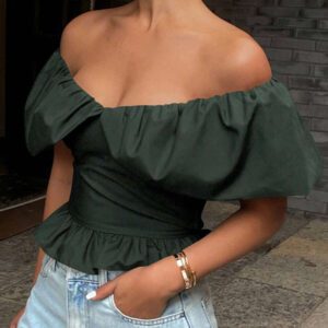 Livesso Blouse courte élégante sans bretelles et épaules dénudées, couleur unie, automne