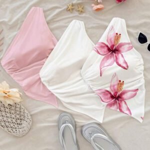 Soleia 3 pièces Ensemble de hauts moulants asymétriques froissés casual pour femmes, convient pour l'été, les vacances, imprimé floral