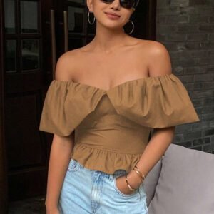 Livesso Blouse courte élégante sans bretelles et épaules dénudées, couleur unie, automne