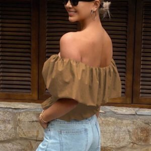 Livesso Blouse courte élégante sans bretelles et épaules dénudées, couleur unie, automne