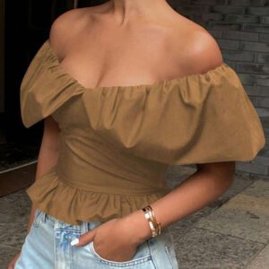 Livesso Blouse courte élégante sans bretelles et épaules dénudées, couleur unie, automne