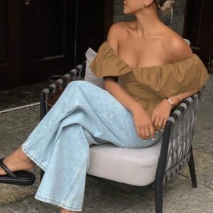 Livesso Blouse courte élégante sans bretelles et épaules dénudées, couleur unie, automne