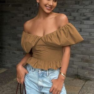 Livesso Blouse courte élégante sans bretelles et épaules dénudées, couleur unie, automne