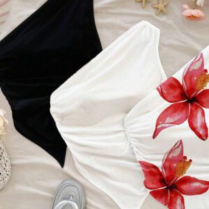 Soleia 3 pièces Ensemble de hauts moulants asymétriques froissés casual pour femmes, convient pour l'été, les vacances, imprimé floral