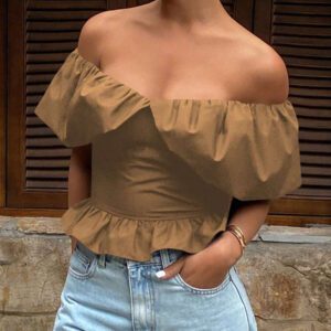 Livesso Blouse courte élégante sans bretelles et épaules dénudées, couleur unie, automne