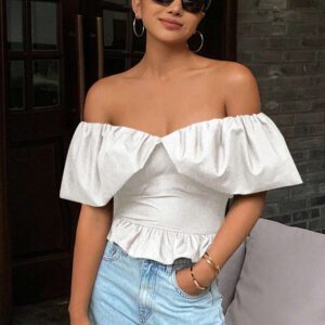 Livesso Blouse courte élégante sans bretelles et épaules dénudées, couleur unie, automne