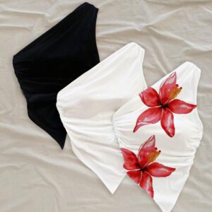 Soleia 3 pièces Ensemble de hauts moulants asymétriques froissés casual pour femmes, convient pour l'été, les vacances, imprimé floral