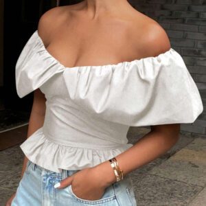 Livesso Blouse courte élégante sans bretelles et épaules dénudées, couleur unie, automne