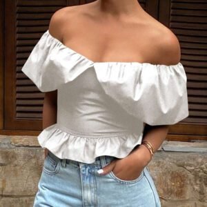 Livesso Blouse courte élégante sans bretelles et épaules dénudées, couleur unie, automne