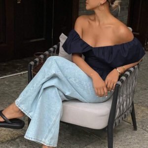 Livesso Blouse courte élégante sans bretelles et épaules dénudées, couleur unie, automne