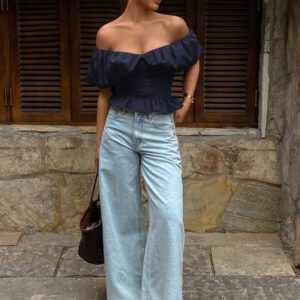 Livesso Blouse courte élégante sans bretelles et épaules dénudées, couleur unie, automne
