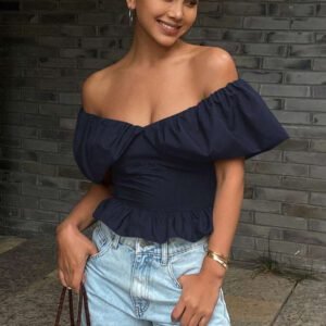 Livesso Blouse courte élégante sans bretelles et épaules dénudées, couleur unie, automne