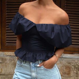 Livesso Blouse courte élégante sans bretelles et épaules dénudées, couleur unie, automne