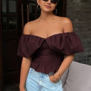 Livesso Blouse courte élégante sans bretelles et épaules dénudées, couleur unie, automne