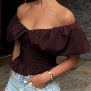 Livesso Blouse courte élégante sans bretelles et épaules dénudées, couleur unie, automne