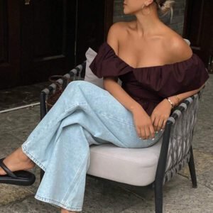 Livesso Blouse courte élégante sans bretelles et épaules dénudées, couleur unie, automne