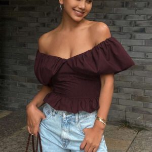Livesso Blouse courte élégante sans bretelles et épaules dénudées, couleur unie, automne