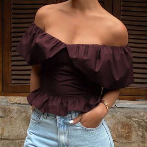 Livesso Blouse courte élégante sans bretelles et épaules dénudées, couleur unie, automne