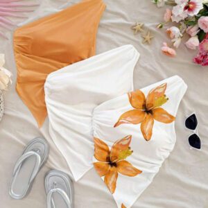 Soleia 3 pièces Ensemble de hauts moulants asymétriques froissés casual pour femmes, convient pour l'été, les vacances, imprimé floral