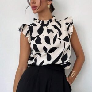 Firerie Blouse élégante à manches courtes avec imprimé floral pour un port quotidien et en vacances, Top sans manches pour l'été