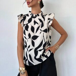 Firerie Blouse élégante à manches courtes avec imprimé floral pour un port quotidien et en vacances, Top sans manches pour l'été