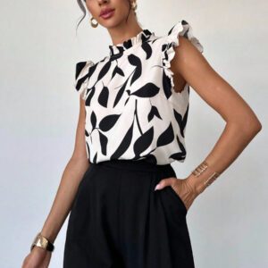 Firerie Blouse élégante à manches courtes avec imprimé floral pour un port quotidien et en vacances, Top sans manches pour l'été