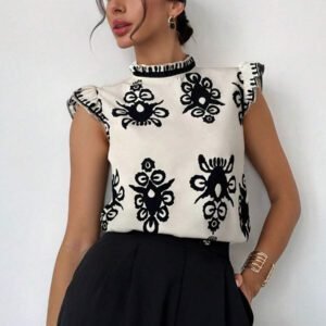 Firerie Blouse élégante à manches courtes avec imprimé floral pour un port quotidien et en vacances, Top sans manches pour l'été
