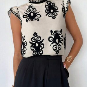 Firerie Blouse élégante à manches courtes avec imprimé floral pour un port quotidien et en vacances, Top sans manches pour l'été