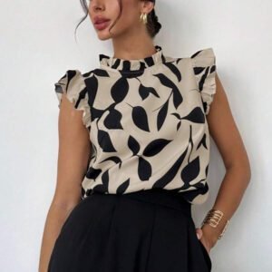 Firerie Blouse élégante à manches courtes avec imprimé floral pour un port quotidien et en vacances, Top sans manches pour l'été