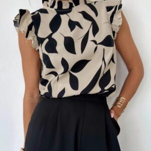 Firerie Blouse élégante à manches courtes avec imprimé floral pour un port quotidien et en vacances, Top sans manches pour l'été