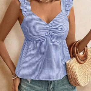 Poéselle Top à manches courtes avec imprimé papillon à rayures texture lin, avec plissages sur la poitrine et coupe ample. Couleur unie d'été, saison des vacances d'été, top confortable, style bohème, pour maman, Top de maillot de bain