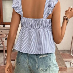 Poéselle Top à manches courtes avec imprimé papillon à rayures texture lin, avec plissages sur la poitrine et coupe ample. Couleur unie d'été, saison des vacances d'été, top confortable, style bohème, pour maman, Top de maillot de bain