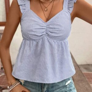 Poéselle Top à manches courtes avec imprimé papillon à rayures texture lin, avec plissages sur la poitrine et coupe ample. Couleur unie d'été, saison des vacances d'été, top confortable, style bohème, pour maman, Top de maillot de bain