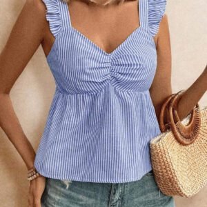 Poéselle Top à manches courtes avec imprimé papillon à rayures texture lin, avec plissages sur la poitrine et coupe ample. Couleur unie d'été, saison des vacances d'été, top confortable, style bohème, pour maman, Top de maillot de bain