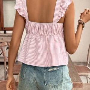Poéselle Top à manches courtes avec imprimé papillon à rayures texture lin, avec plissages sur la poitrine et coupe ample. Couleur unie d'été, saison des vacances d'été, top confortable, style bohème, pour maman, Top de maillot de bain