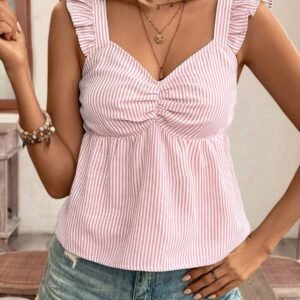 Poéselle Top à manches courtes avec imprimé papillon à rayures texture lin, avec plissages sur la poitrine et coupe ample. Couleur unie d'été, saison des vacances d'été, top confortable, style bohème, pour maman, Top de maillot de bain