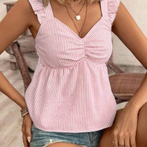 Poéselle Top à manches courtes avec imprimé papillon à rayures texture lin, avec plissages sur la poitrine et coupe ample. Couleur unie d'été, saison des vacances d'été, top confortable, style bohème, pour maman, Top de maillot de bain