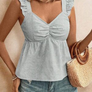 Poéselle Top à manches courtes avec imprimé papillon à rayures texture lin, avec plissages sur la poitrine et coupe ample. Couleur unie d'été, saison des vacances d'été, top confortable, style bohème, pour maman, Top de maillot de bain
