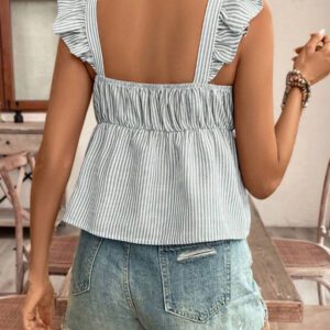 Poéselle Top à manches courtes avec imprimé papillon à rayures texture lin, avec plissages sur la poitrine et coupe ample. Couleur unie d'été, saison des vacances d'été, top confortable, style bohème, pour maman, Top de maillot de bain