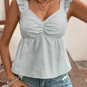Poéselle Top à manches courtes avec imprimé papillon à rayures texture lin, avec plissages sur la poitrine et coupe ample. Couleur unie d'été, saison des vacances d'été, top confortable, style bohème, pour maman, Top de maillot de bain
