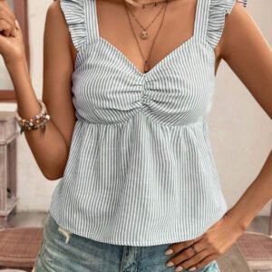 Poéselle Top à manches courtes avec imprimé papillon à rayures texture lin, avec plissages sur la poitrine et coupe ample. Couleur unie d'été, saison des vacances d'été, top confortable, style bohème, pour maman, Top de maillot de bain