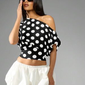 MISSGUIDED Top court style bardot à pois, manches dolman fluides, blouse d'été décontractée, tenue de resort, Top de fête de jour à manches bouffantes, top mode