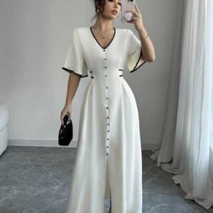 SHEIN PETITE Robe longue d'été pour femme, nouvelle conception printemps/été, bloc de couleurs abricot et noir, col V, volants aux manches, ceinture à nouer à la taille, jupe évasée, robe longue élégante et chic pour les occasions décontractées