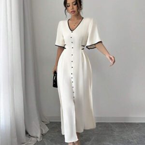 SHEIN PETITE Robe longue d'été pour femme, nouvelle conception printemps/été, bloc de couleurs abricot et noir, col V, volants aux manches, ceinture à nouer à la taille, jupe évasée, robe longue élégante et chic pour les occasions décontractées